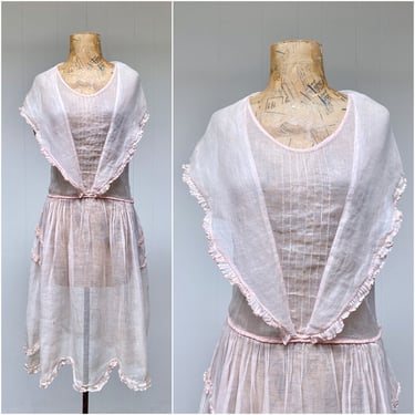 Vintage 1920s Sleeveless Capelet Collar Day Dress, Pink Voile Art Deco Wounded Bird for Study or Re-Purpose, Small 34