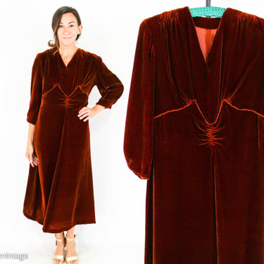 1930 Copper Brown Velvet Dress | 30s Rust Silk Velvet Dress | Medium 