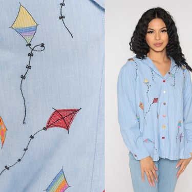 Kite Shirt 90s Embroidered Denim Shirt Button Up Jean Top Blue Chambray Long Sleeve Blouse Retro Casual Artsy 1990s Vintage Cotton Medium M 