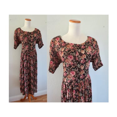 Vintage 90s Floral Dress Rayon Midi Button Up Romantic Cottagecore Bohemian Oversized Dress Size Medium Large 