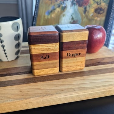 Midcentury Danish Multi-Wood Block Salt & Pepper Shakers 