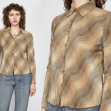 Medium 90s Plisse Wavy Print Blouse | Vintage Brown Lettuce Hem Long Sleeve Collared Button Up Top 