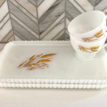 ANCHOR HOCKING Fire King Snack Sets, Vintage, Mid Century, Milk Glass,  2 Sets, 2 cups, 2 snack, Cookie Plates, Gold, Wheat Pattern 