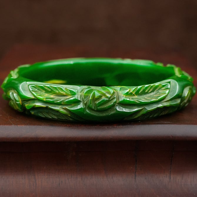 Green Carved Galalith Bangle c1930