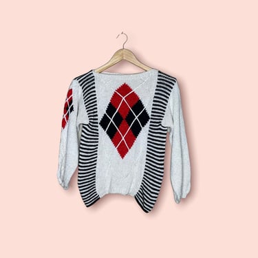 Vintage 80's Hand knit Lillie Rubin Argyle White Red Sweater Boatneck, Size M 