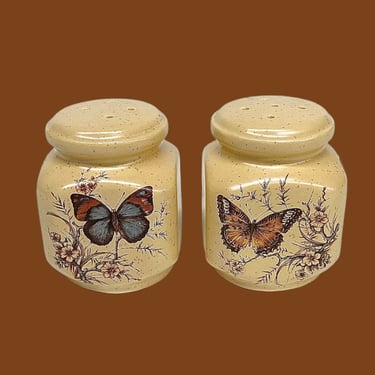 Vintage Salt and Pepper Shakers Retro 1970s Bohemian + Pottery Craft + Butterflies + Beige Ceramic + Speckled + Kitchen Storage + Spices 