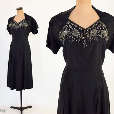 1940s Black Beaded Cocktail Dress | 40s Black Taffeta Party Dress | Old Hollywood | Forever Young | Large 