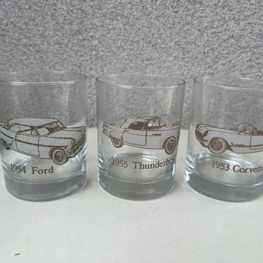 Vintage set 3 tumbler glasses Dusseau collection 1950s autos theme 