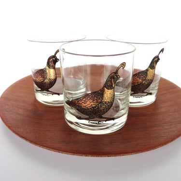 Set of 3 Vintage Quail Glasses In 22kt Gold By Couroc, Mid Century Large Double Rocks Barware 