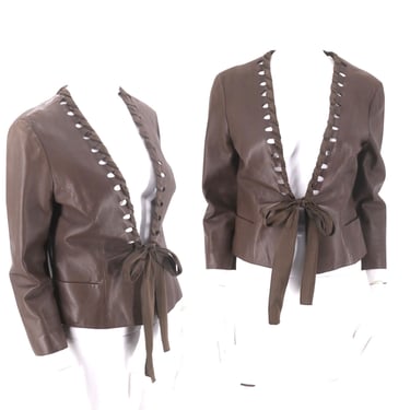 leather GIORGIO ARMANI taupe jacket, vintage 1990s lambskin tie jacket, designer tie jacket, Italy 42 8 