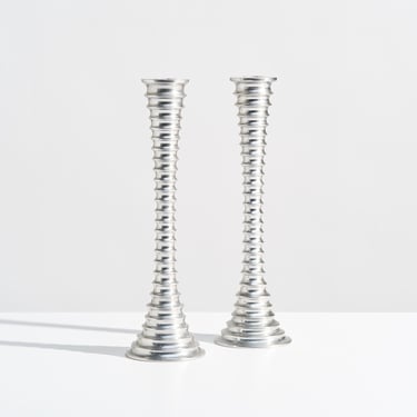 Vintage Ribbed Chrome Candle Holders // Pair of Tall Modernist Steel Candlesticks 