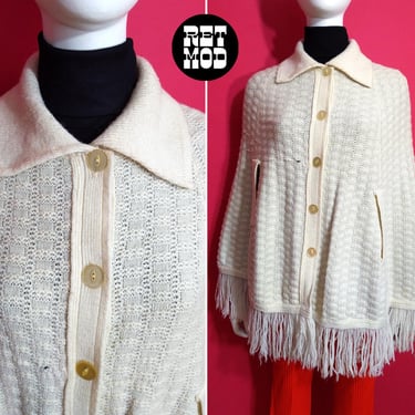 Cozy Vintage 60s 70s Light Cream Color Collared Knit Poncho with Fringe Hem 