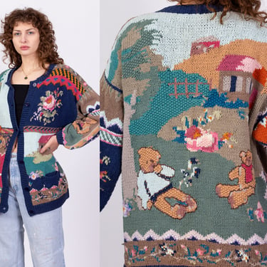 80s 90s Teddy Bear Cottage Scene Novelty Knit Cardigan - Large | Vintage Boho Button Up Ramie Cotton Sweater 