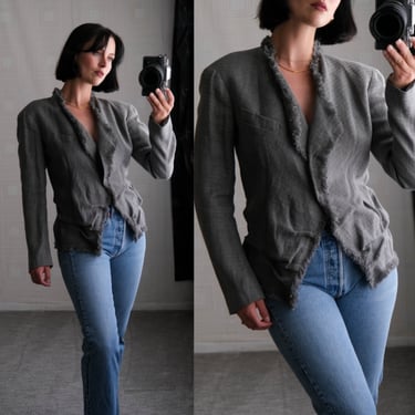 DONNA KARAN Black Label Italian Gray Woven Linen Raw Fringe Ruched Hidden Button Blazer | Made In Italy | 2000s Y2K DKNY Designer Jacket 