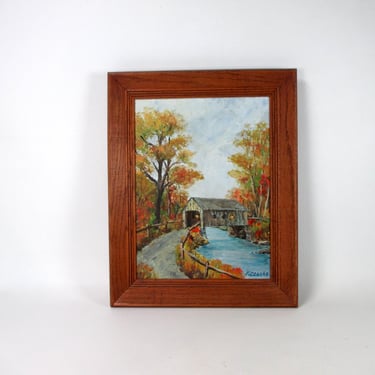 Original Autumn Antique Painting with Covered Bridge Over Stream on Country Road Vintage Wood Framed Scenic Landscape Nature Wall Art 