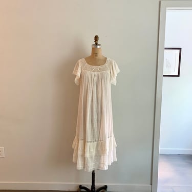 Derenice off white gauze and lace peasant dress- size S 