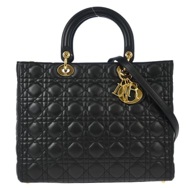 Christian Dior Black Lambskin Large Lady Dior Cannage 2way Shoulder Handbag