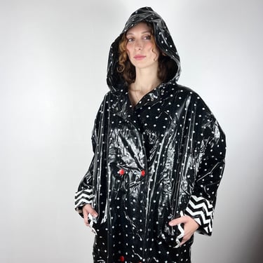 Vintage 80s Polka Dot Vinyl Raincoat / Hoodie Hood Black White Red Vinyl Rain Jacket / Square Polka Dot / Rain Coat 1980s Black Medium 