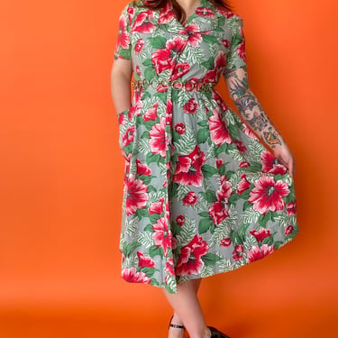 1940s Tropical Florals Wrap Dress, sz. Extra Large