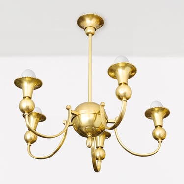 Swedish Art Deco brass chandelier with  5 inverted arched arms