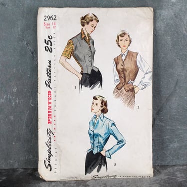 1949 Simplicity #2962 Weskit & Jacket Pattern | Two Women's Sizes - 14 or 20 | Cut, Complete Pattern | Free Shipping 