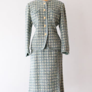 Chic 1990's Sage & Teal Chanel Inspired Tweed Suit Set / Sz M