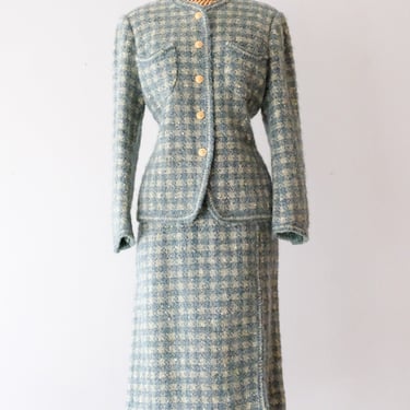 Chic 1990's Sage &amp; Teal Chanel Inspired Tweed Suit Set / Sz M