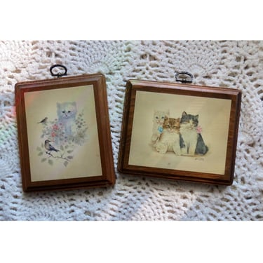 Vintage Cat Wall Hangings Set - 60s Wood Kitten Art Pictures - MCM Cats Litho Decor 