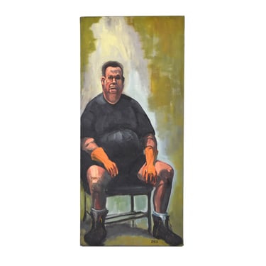 Portrait Oil Painting Fat Man wearing Rubber Gloves signed Lenell Chicago Artist 