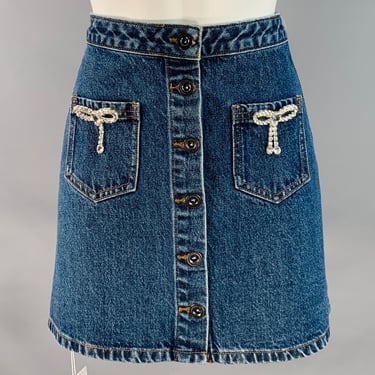 SELF-PORTRAIT Size 4 Diamante Bow Blue Cotton Rhinestones A-Line Mini Skirt