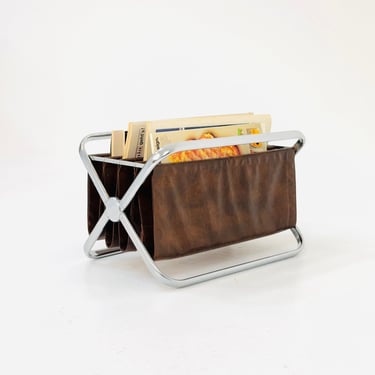 Mid century Italian chrome and brown leather magazine holder from Castelli, 1960s 