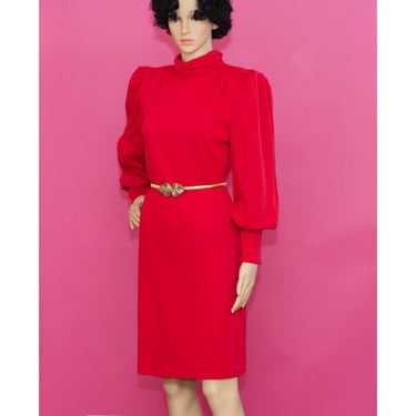 Vintage 1980s Red Dress with Leg of Mutton Sleeves | Medium | 7 