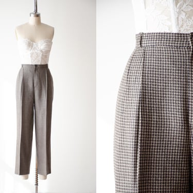 high waisted pants | 90s vintage Chelsea Campbell beige brown black houndstooth plaid wool dark academia style cropped ankle trousers 