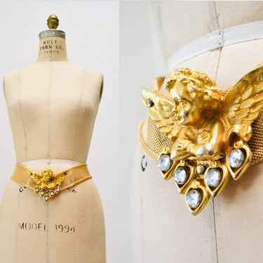 80s 90s Vintage Gold Cupid Belt Gold Chain Belt with Cupid Love Hearts Crystals Vintage Jose Cotel Paris Gold Cupid Wedding Chain Belt 
