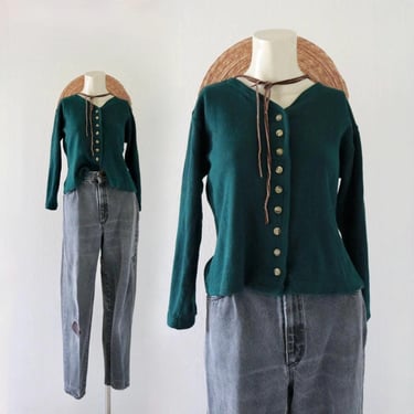 waffle knit crop top cardigan - m - vintage 90s y2k dark green womens size medium cropped shirt cotton minimal casual 