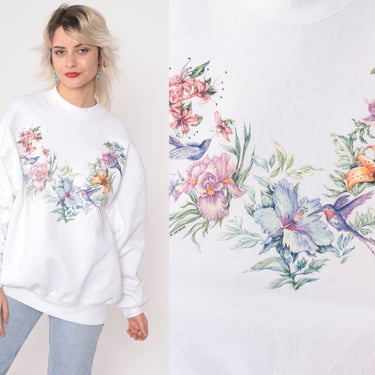 Floral Hummingbird Sweatshirt 90s White Flower Bird Graphic Crewneck Grandma Vintage 1990s Fruit of the loom Extra Large xl 