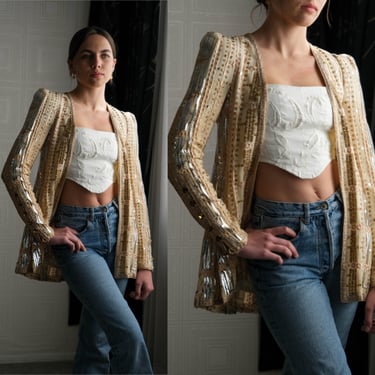Vintage 70s BILL GIBB LONDON Heavily Embroidered & Metallic Sequined Silk Lined Jacket w/ Smokey Jeweled Buttons | 1970s Designer Jacket 