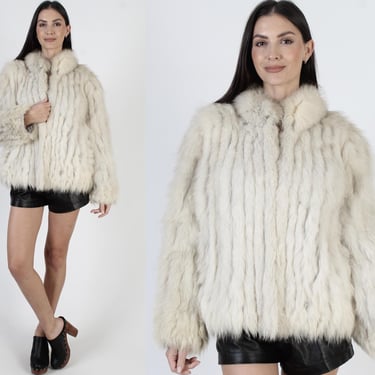 Saga Arctic Fox Fur Jacket, Off White Ivory Shawl Collar, Striped Corded Coat, Tag Size L 