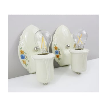 Refurbished Art Deco Wall Sconces for Bath - Pair - 1920's 1930's - Porcelier - Orange & Blue Floral  - Rewired for Hard Wire Use 
