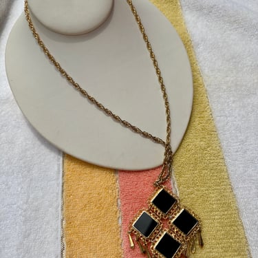 Reversible Black &amp; White Diamond Gold Fringe Necklace