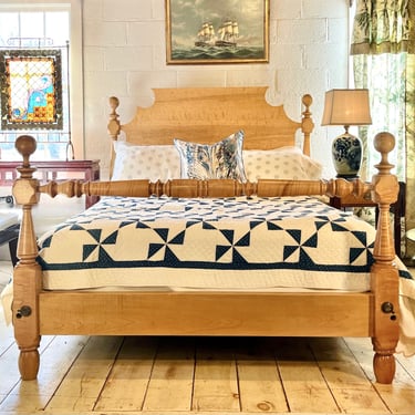 Ball & Block Bed in Birdseye & Tiger Maple, Original Posts ~ Circa 1830, Resized to Queen with Folksy Headboard & Turned Blanket Rail</p#x3E; SKU: JR091324C<p#x3E; </p#x3E;<p#x3E;