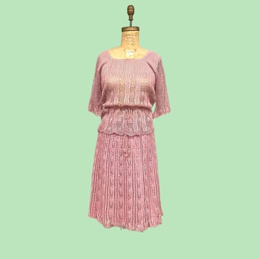 Vintage Crochet Skirt Set Retro 1970s Handmade + Knit + 2 Piece Set + Mauve Pink + Short Sleeves + Knee Length + Womens Apparel 
