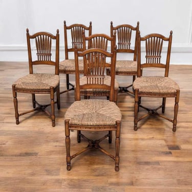 Six Vintage Dining Chairs – Wheat Sheaf Back, Rustic Dining Set, Classic Design, Farmhouse, Traditional, Antique Dining Room Furniture 