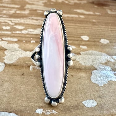 OH SO LOVELY Pink Conch Shell and Sterling Silver Tall Oval Ring | Likely Navajo Made Jewelry | Southwestern Native Style | Sizes Adjustable 