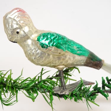 Antique Painted Glass Cockatoo Parrot Bird Christmas Clip On Ornament , Spun Glass Tail, Antique Molded Glass 