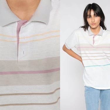 80s Striped Polo Shirt White Collared Shirt Short Sleeve Banded Hem Button Neck Top Taupe Pink Yellow Stripes 1980s Vintage Medium Large 