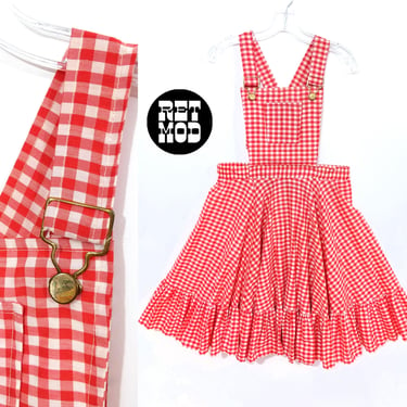 Cute as Pie Vintage 60s 70s Red Gingham Pinafore Circle Skirt Dress by Malco Modes 