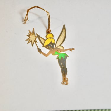 Vintage Tinker Bell Christmas Ornament Signed Disney Gold Laser Cut Collectible Glittery Wings Reversible Purchased at Disney Park 1980s 