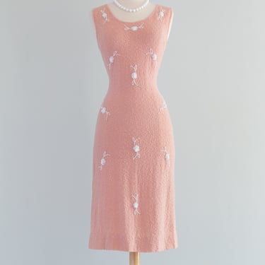 Sexy 1950's Blush Knit Beaded Wiggle Dress & Matching Cardigan / Medium