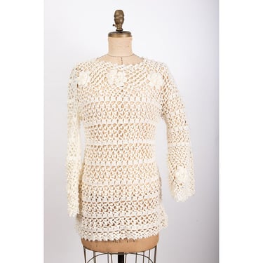 Vintage white crochet mini dress / 1960s 1970s floral knit micro mini bell sleeves / S 